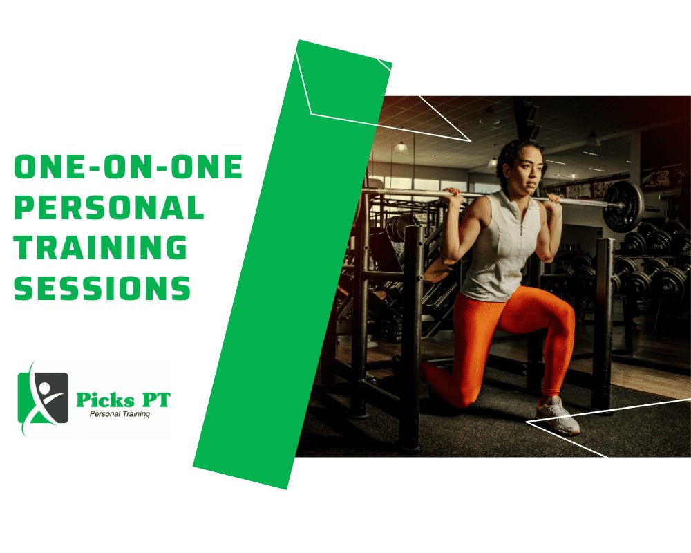 One on One Personal training with Female doing Weighted Lunges with a green banner
